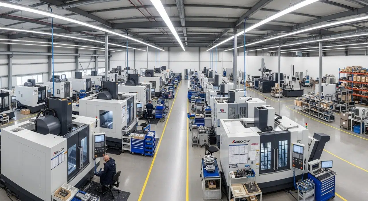 Weitwinkelaufnahme eines sauberen, modernen und hochorganisierten CNC-Bearbeitungswerks, das die Größe und Effizienz der Abläufe zeigt. Mehrere hochpräzise CNC-Maschinen, einige bei der Produktion von Teilen, sind neben ordentlichen Arbeitsstationen sichtbar. Ein subtiler Bereich für Qualitätskontrolle im Hintergrund unterstreicht die umfassenden Fähigkeiten des Unternehmens als zuverlässiger Hersteller.
