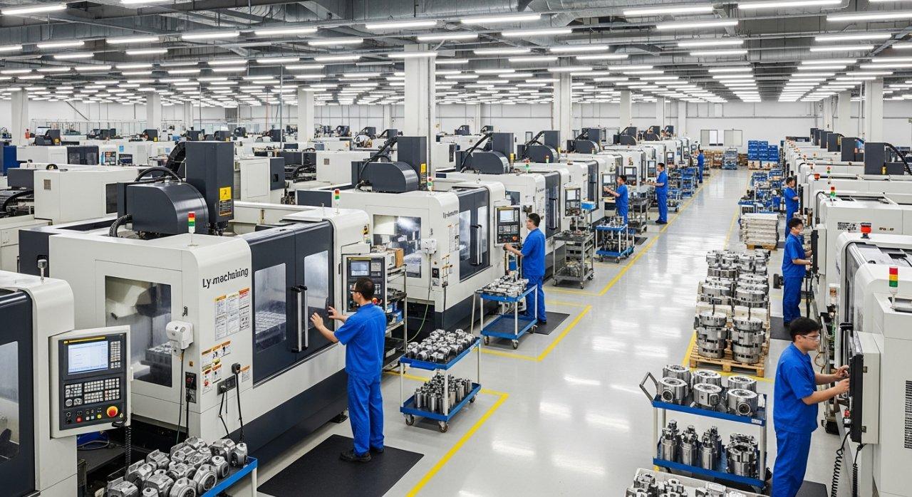 Une vue large et animée du sol de fabrication moderne de ly-machining, avec plusieurs machines CNC de haute précision, y compris des machines avancées à 5 axes, avec des techniciens supervisant les opérations. L'environnement propre et organisé reflète les capacités à grande échelle de ly-machining et son expertise avancée en usinage CNC de précision.