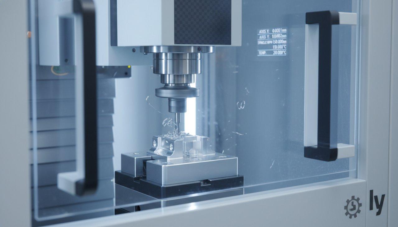Advanced 5-axis micro-milling machine from ly-machining, precisely cutting a miniature robot sensor housing workpiece. The image highlights the ma