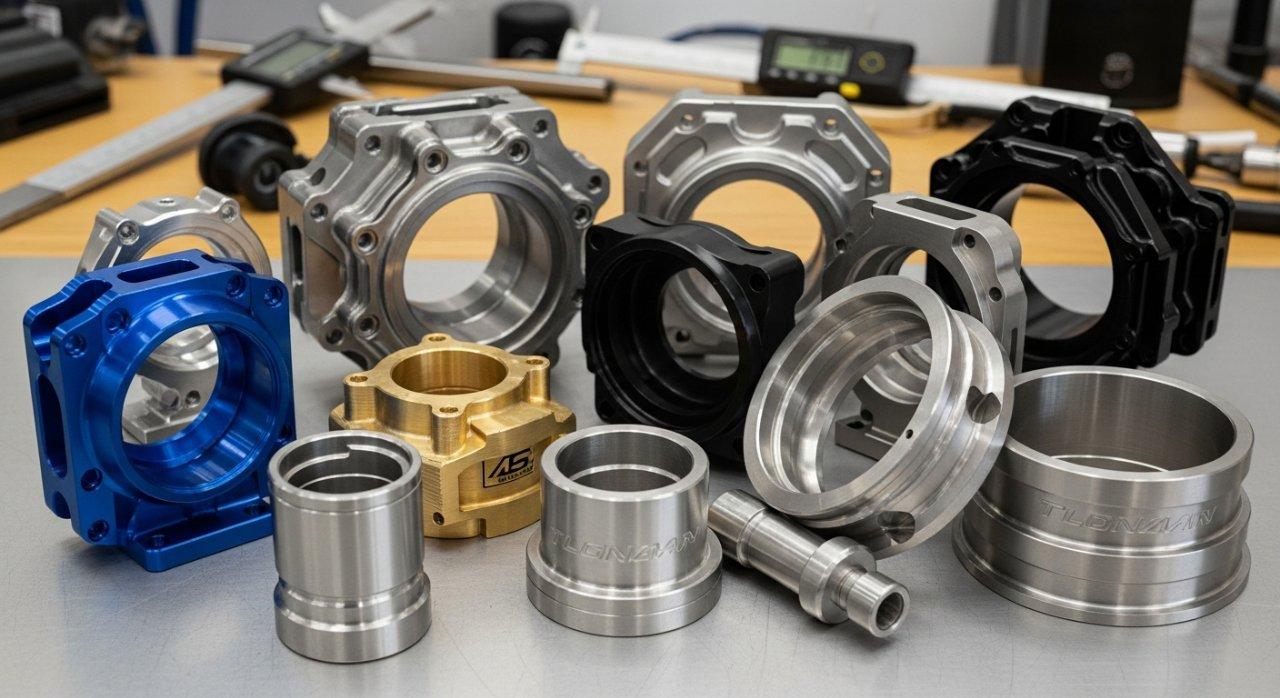 Una colección artísticamente organizada de piezas mecanizadas por CNC y componentes de precisión exhibidos en un banco de trabajo. La imagen muestra diversos materiales y acabados superficiales, incluyendo metales anodizados, pulidos y cepillados, destacando la versatilidad y las capacidades de producción de alta calidad del mecanizado CNC para carcasas y piezas personalizadas.