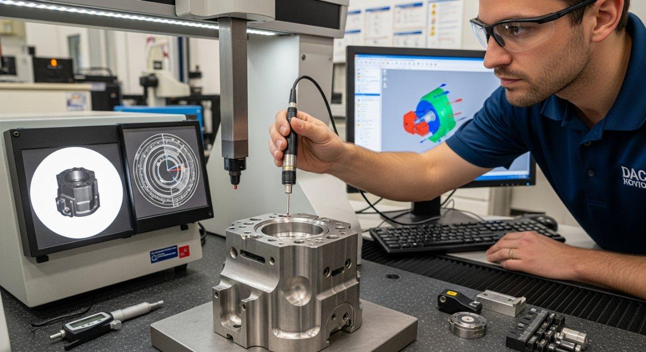 An engineer meticulously inspects a complex custom CNC part using advanced metrology equipment, such as a CMM machine, in a clean, well-lit quality control lab, emphasizing precision and attention to detail in manufacturing.