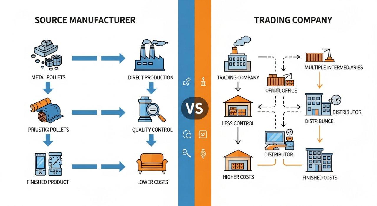 Eine Infografik, die den Vergleich zwischen Herstellerquelle und Handelsunternehmen zeigt. Die Seite des Herstellers zeigt einen direkten, effizienten Prozess von Rohstoffen