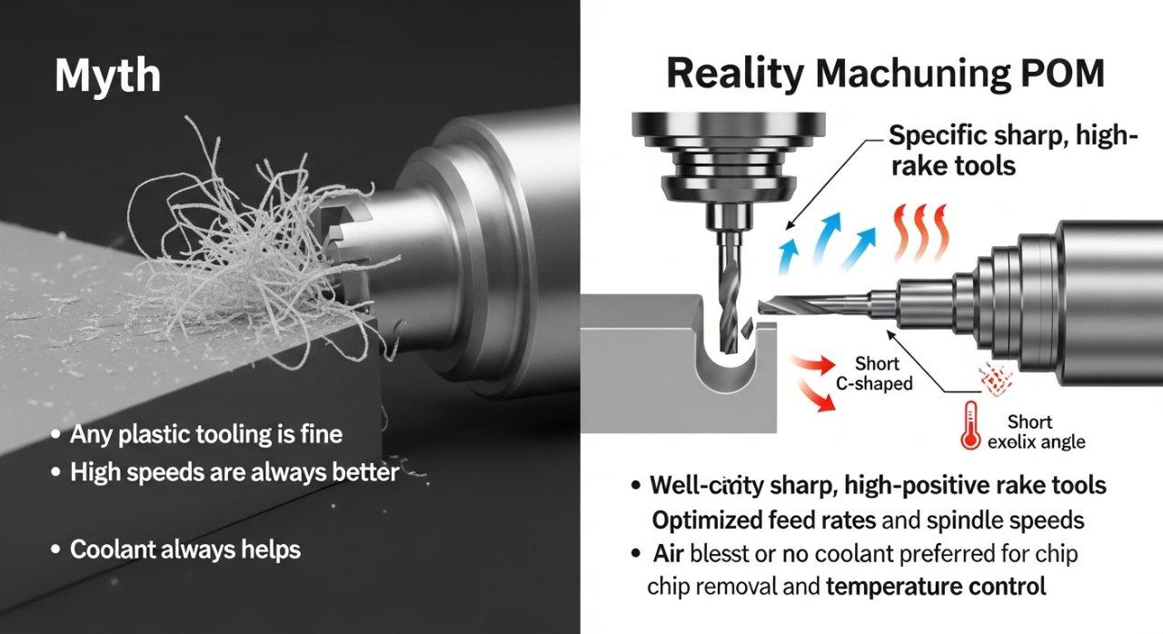 Una infografía que compara mitos comunes sobre el mecanizado de POM (Polioximetileno) con las realidades. Un lado ilustra conceptos erróneos sobre el mecanizado de plásticos genéricos, mientras que el otro presenta esquemas detallados de herramientas CNC para POM, evacuación efectiva de virutas y técnicas críticas de gestión del calor para una fabricación de precisión.