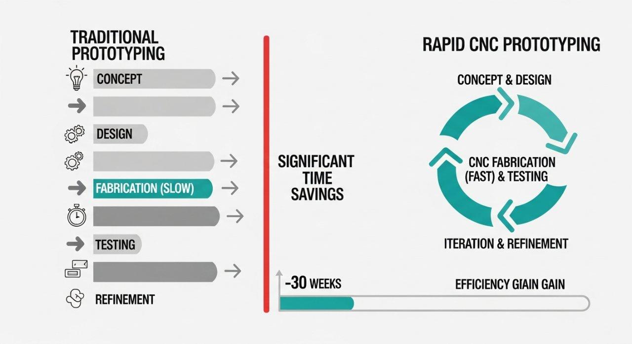 Une infographie comparant les délais de développement produit, illustrant comment les méthodes traditionnelles de prototypage séquentiel sont plus lentes par rapport aux cycles itératifs plus rapides réalisés avec le prototypage rapide CNC, mettant en évidence des économies de temps significatives et des gains d'efficacité.