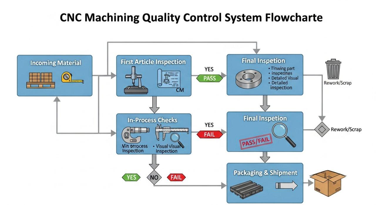 Un diagrama de flujo infográfico que detalla un sistema típico de control de calidad de mecanizado CNC. Describe las etapas críticas, incluyendo la inspección del material entrante, la inspección del primer artículo, los controles en proceso, la inspección final y el embalaje y el envío, con iconos que representan herramientas como CMM, micrómetros e inspecciones visuales utilizadas para la precisión y el cumplimiento.