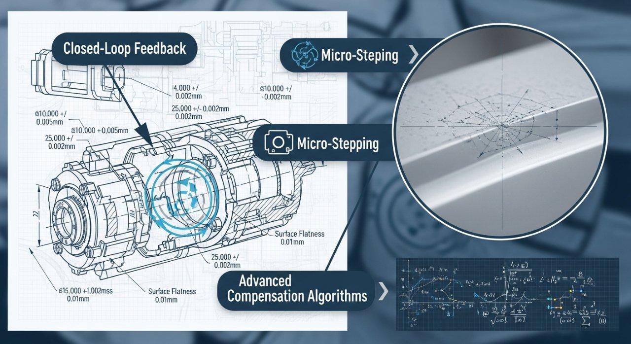 Una infografía que ilustra la precisión del CNC, con un plano con llamadas de tolerancia altamente detalladas (por ejemplo, +/- 0.005mm) y una vista ampliada de una superficie mecanizada suave y dimensionalmente precisa. Se explican conceptos clave como "Retroalimentación en bucle cerrado", "Micro-pasos" y "Algoritmos avanzados de compensación".