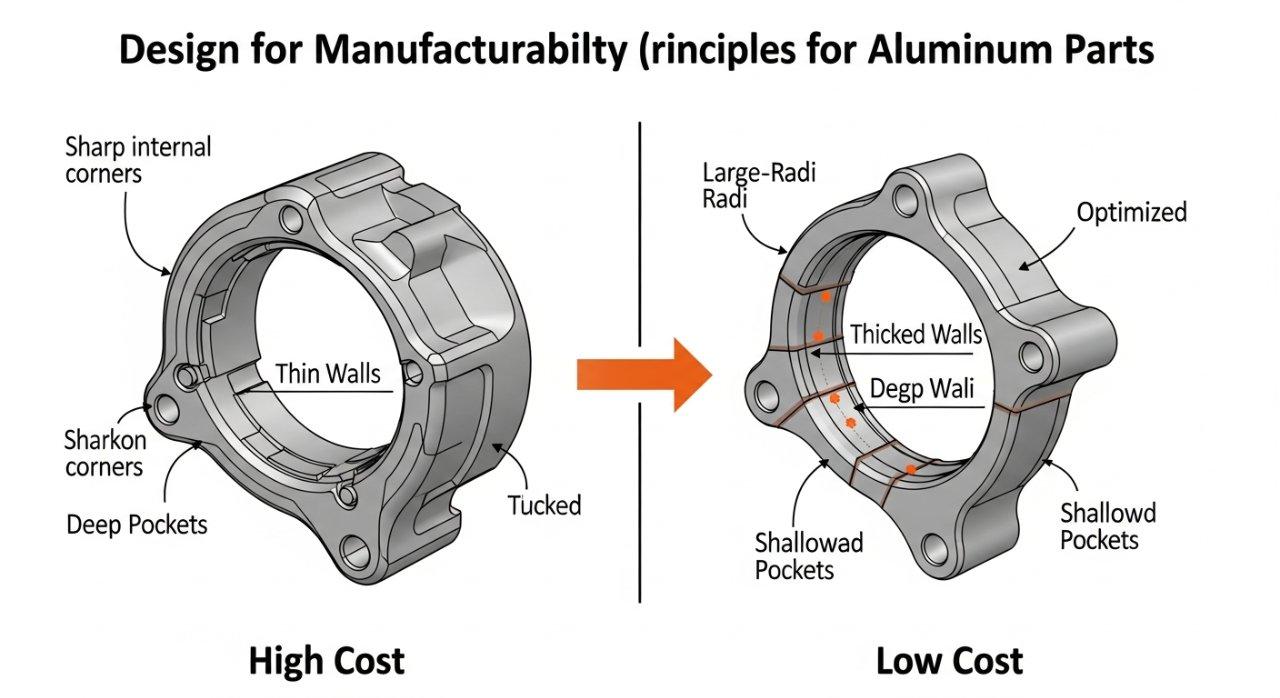 Eine Infografik, die Prinzipien des Design for Manufacturability (DFM) für Aluminiumteile veranschaulicht. Sie vergleicht visuell ein teures Bauteildesign mit komplexen Merkmalen wie scharfen inneren Ecken, dünnen Wänden und tiefen Taschen mit einer optimierten, kostengünstigen Version, die einfachere Merkmale wie größere Radien, dickere Wände und flachere Taschen aufweist, und hebt die Kosteneinsparungen durch Designoptimierung deutlich hervor.