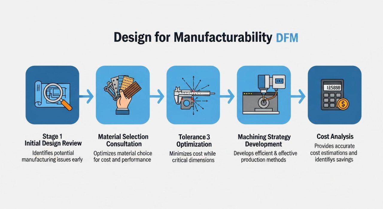 Eine Infografik, die den Design-for-Manufacturability-DMF-Prozessablauf zeigt, mit wichtigen Phasen wie Erstüberprüfung des Designs, Materialauswahl