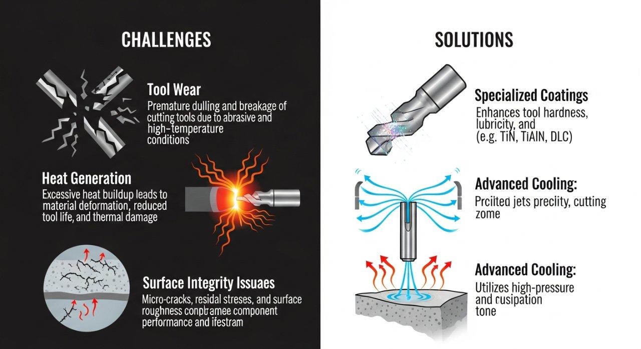 Eine Infografik, die die häufigsten Herausforderungen bei der Bearbeitung hochwertiger Materialien zeigt, einschließlich Probleme wie Werkzeugverschleiß, übermäßige Hitzeentwicklung und