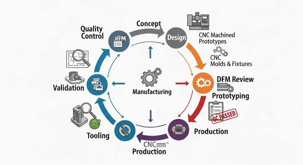 An infographic illustrating the complete prototype-to-production manufacturing journey, presented as a circular flow diagram. It details key stages from Concept and Design to DFM Review, Prototyping, Validation, Tooling, Production, and Quality Control, emphasizing the integral role of a CNC manufacturer at each step.