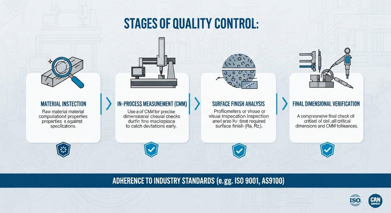 Une infographie illustrant le processus complet de contrôle qualité en plusieurs étapes dans une usine d'usinage CNC, couvrant l'inspection initiale des matériaux, la mesure précise en cours de processus avec une CMM (Machine de Mesure Tridimensionnelle), l'analyse détaillée de la finition de surface, et la vérification dimensionnelle finale, soulignant le strict respect des normes industrielles.
