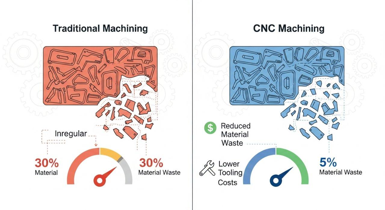 Una infografía que ilustra los beneficios de eficiencia de costos y reducción de residuos del mecanizado CNC. Compara visualmente un proceso de fabricación tradicional con un desperdicio significativo de materia prima con un proceso CNC que muestra un nesting de materiales optimizado y un desperdicio mínimo. Se destacan métricas clave como "Reducción de residuos de material" y "Costos de herramientas más bajos", resaltando ventajas económicas y ambientales.