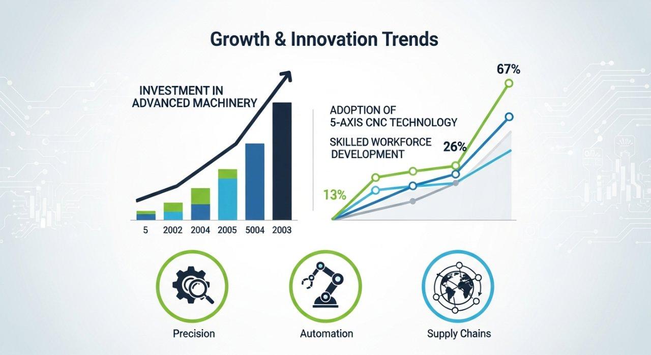 Une infographie illustrant la croissance significative et les tendances d'innovation dans l'usinage CNC en France, avec des graphiques en tendance ascendante pour l'investissement