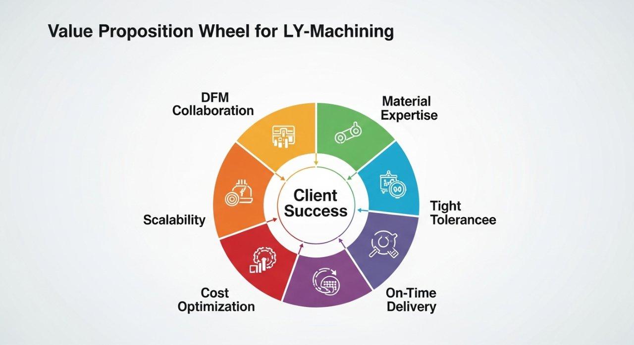 An infographic illustrating the value proposition wheel for CNC machining services, centered around "Client Success." Key segments include DFM Collaboration, Material Expertise, Tight Tolerances, On-Time Delivery, Cost Optimization, and Scalability, highlighting core benefits for clients.