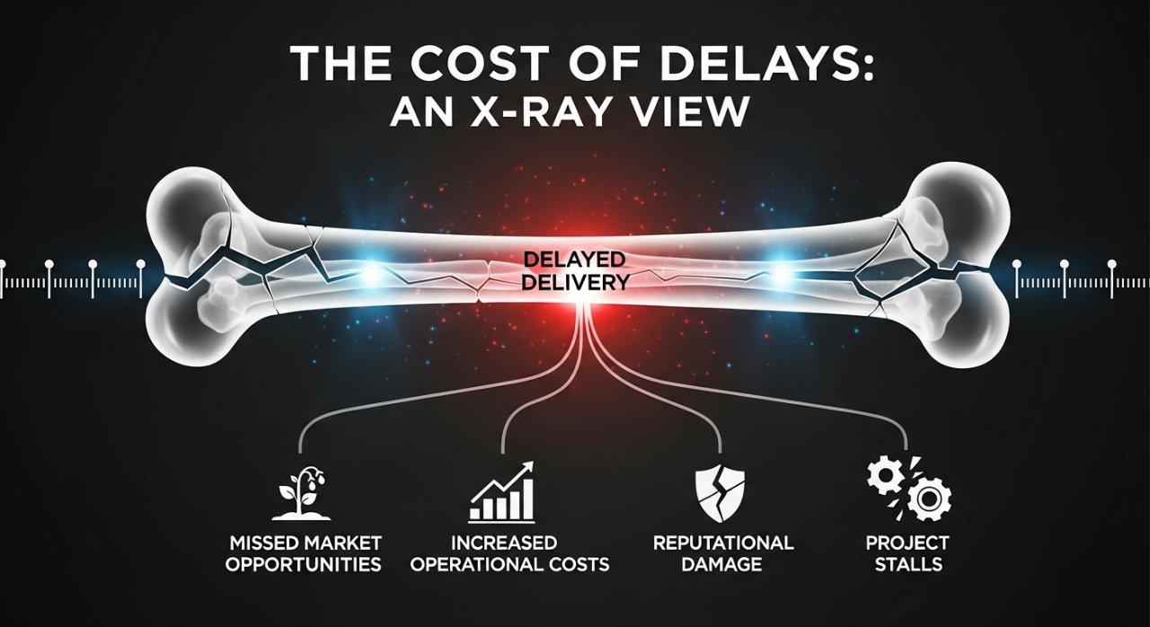 Una infografía titulada El costo de los retrasos Una vista de rayos X que ilustra visualmente los diversos impactos negativos de la entrega tardía. Representa un tim