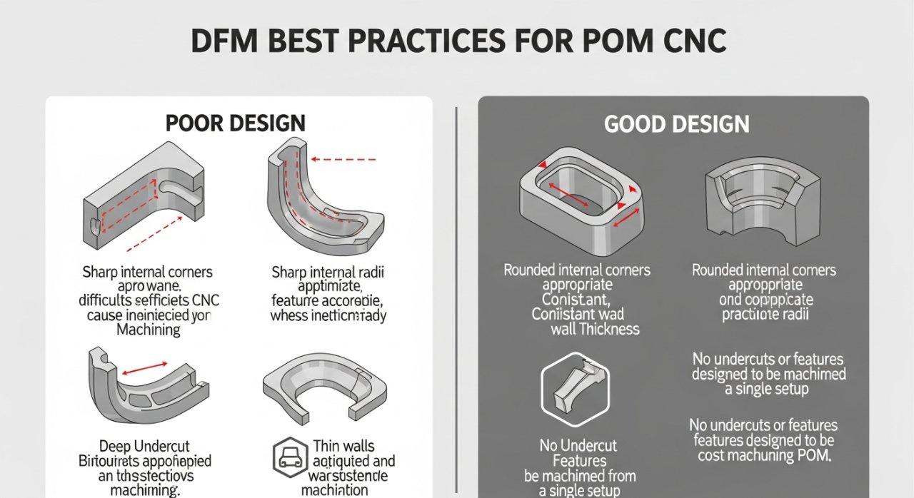Una infografía que compara visualmente ejemplos de 'Mal Diseño' versus 'Buen Diseño' para las mejores prácticas de DFM (Diseño para la Fabricabilidad) en el mecanizado CNC de POM. Ilustra conceptos clave como la optimización de radios en las esquinas, garantizar un grosor de pared adecuado y evitar undercuts para lograr una producción eficiente y rentable de piezas de Polioximetileno (POM) en máquinas CNC.