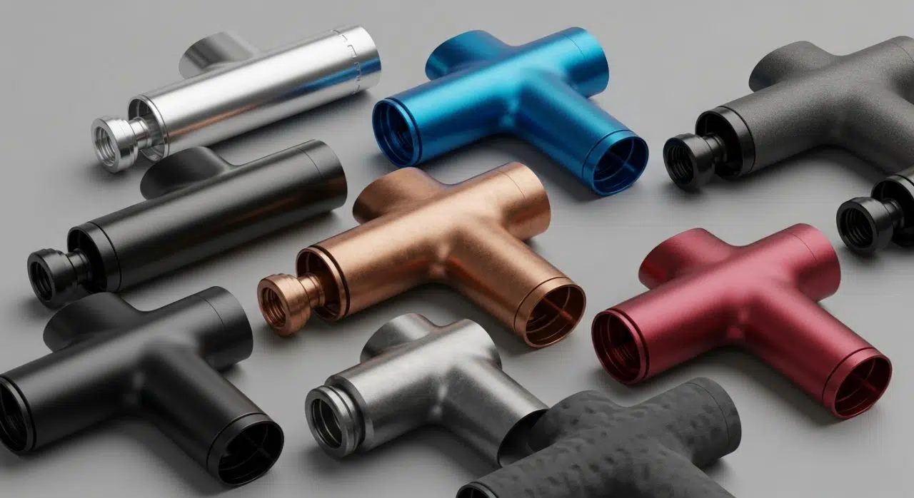 CNC ile işlenmiş masaj tabancası kasalarının sanatsal kolajı, cilalı gümüş, mat siyah ve canlı mavi eloksallı alüminyum gibi çeşitli yüzey işlemlerini ve renkleri sergiliyor. Bu görüntü, özel ürün parçaları için CNC teknolojisinin estetik çok yönlülüğünü ve hassas üretim yeteneklerini vurguluyor.