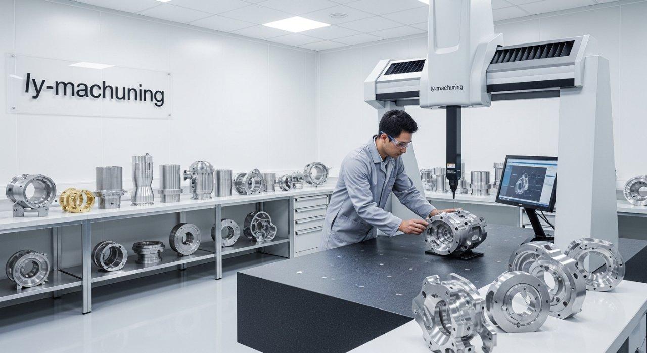 En el área de control de calidad del mecanizado, un ingeniero inspecciona meticulosamente una pieza de alta precisión mecanizada con CNC usando una máquina de medición por coordenadas.