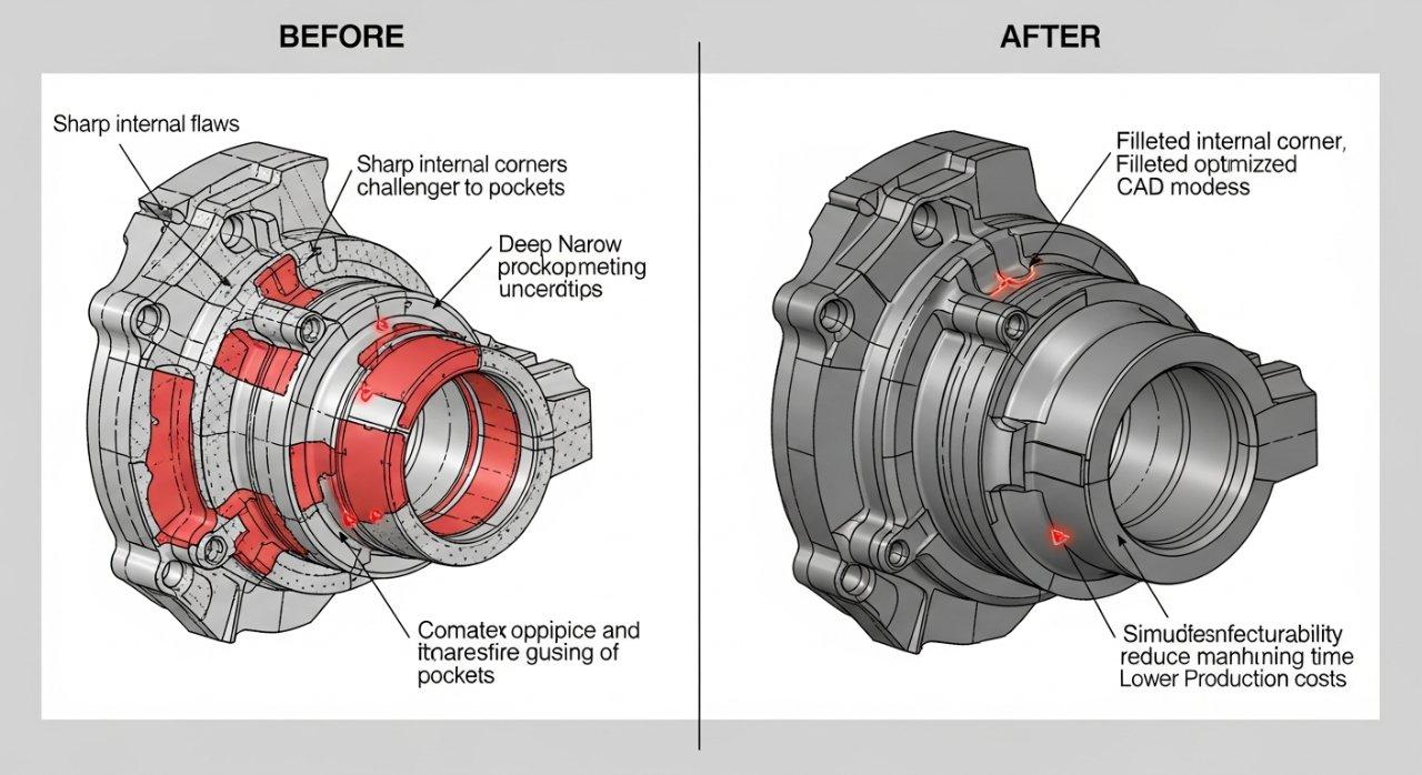 Dessins techniques avant et après illustrant l'optimisation de la conception par ly-machining. Le 'avant' montre une pièce complexe et difficile à usiner avec des problèmes mis en évidence, tandis que le 'après' présente une conception simplifiée et réalisable, démontrant une efficacité améliorée et des économies de coûts grâce à la Conception pour la Fabrication (DFM).