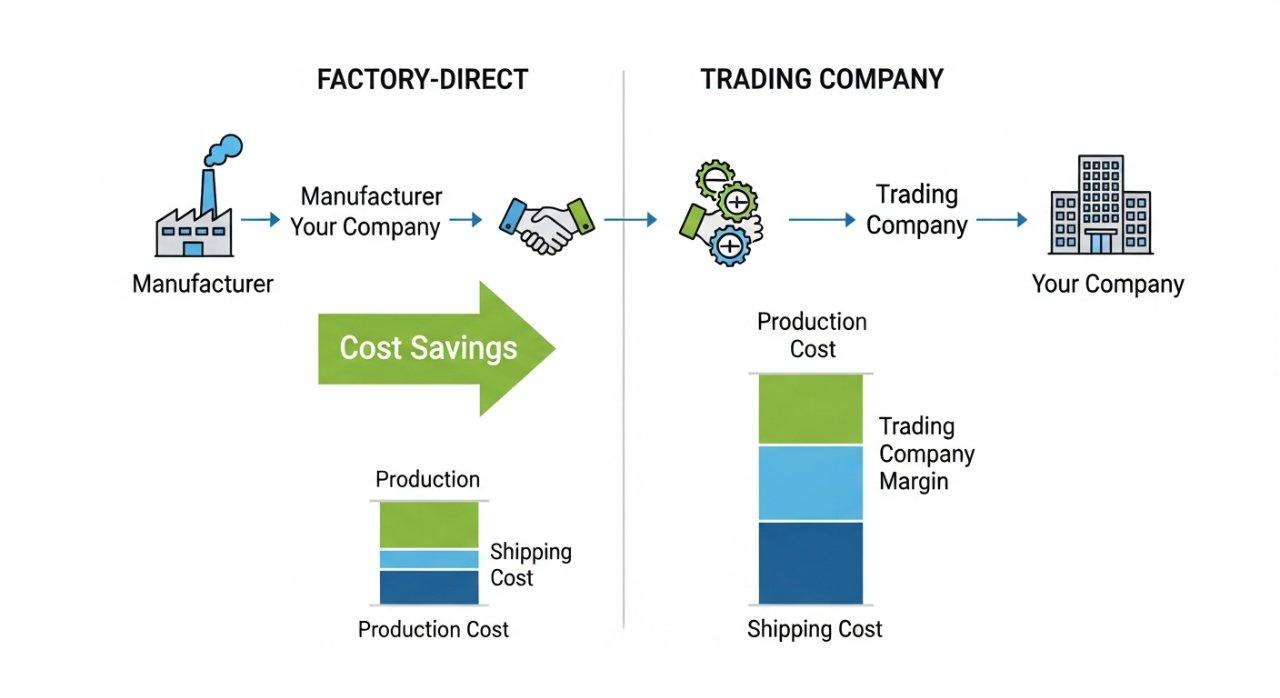 Temiz grafik, doğrudan fabrika üreticisi kullanmanın tedarik zinciri farklarını ve maliyet tasarruflarını, ticaret şirketine kıyasla gösteriyor.