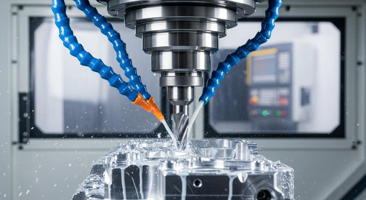 Gros plan, prise de vue dynamique à l'intérieur d'un centre de machine CNC moderne, montrant un outil de haute précision coupant une pièce prototype en métal avec des fluides de refroidissement en circulation, soulignant la rapidité et l'automatisation avancée pour les services de prototypage rapide.