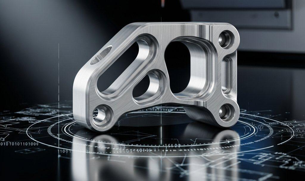 CNC İşleme: Tekrar Edilebilirlik İçin Altın Standart 1 Mükemmel işlenmiş metal CNC havacılık braketi üzerinde yakın çekim, hassas mühendislik ve kusursuz yüzey bitişini vurgulayan yüksek çözünürlüklü stüdyo çekimi. Yansımalı yüzey üzerinde, dijital taslaklar ve ikili kodlar arasında, arka planda bulanık modern CNC makinesi çalışmakta olup, gelişmiş üretim ve hassas işleme simgeler.