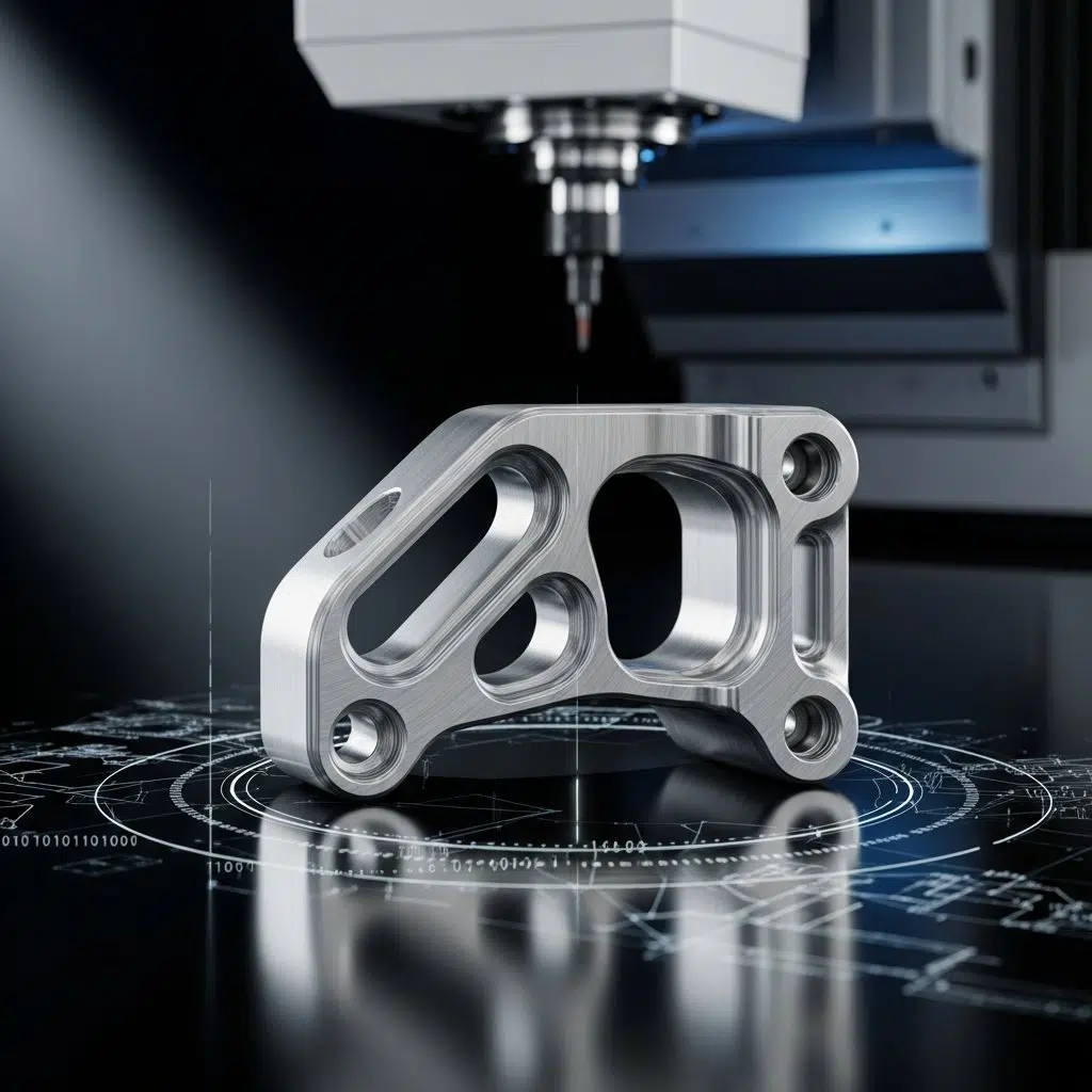 Mükemmel işlenmiş metal CNC havacılık braketi üzerinde yakın çekim, hassas mühendislik ve kusursuz yüzey bitişini vurgulayan yüksek çözünürlüklü stüdyo çekimi. Yansımalı yüzey üzerinde, dijital taslaklar ve ikili kodlar arasında, arka planda bulanık modern CNC makinesi çalışmakta olup, gelişmiş üretim ve hassas işleme simgeler.