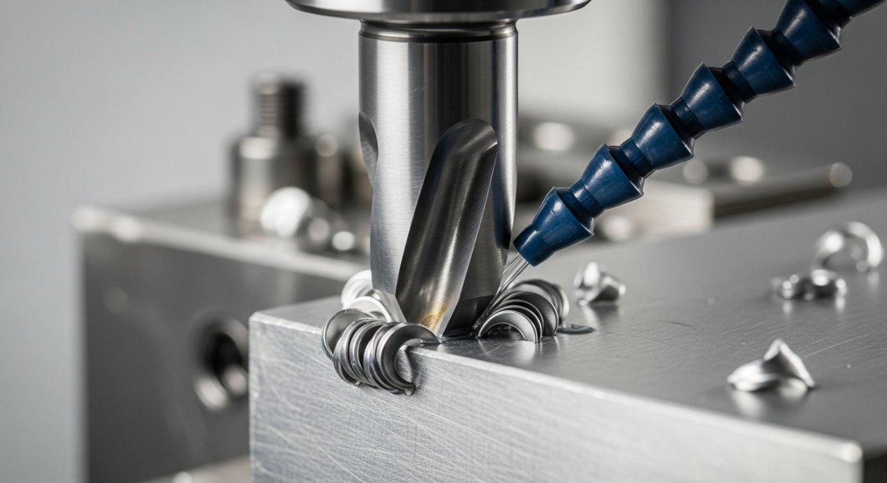 Gros plan d'un outil de machine CNC de haute précision avec une fraise en carbure tranchante coupant proprement dans une pièce en métal. L'image met en évidence l'interface critique entre l'outil et la pièce, démontrant une formation de copeaux fluide et un minimum de vibrations, ce qui souligne la précision exceptionnelle et la rigidité du processus d'usinage.