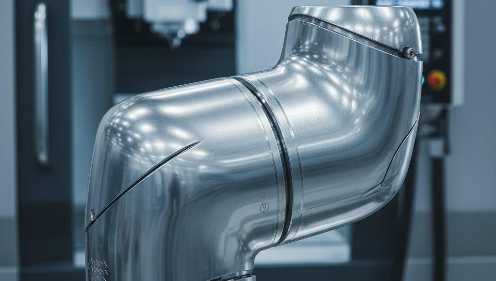 Close-up of a highly detailed robotic joint component, meticulously crafted from a reflective metal alloy, showcasing complex, smoothly machined contours and an exceptional surface finish. A blurred modern 5-axis CNC machine in the background hints at advanced precision manufacturing.