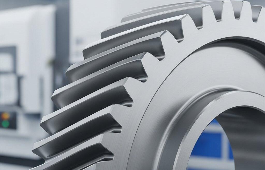 Primer plano de un engranaje de POM (Polioximetileno) mecanizado con CNC, destacando su acabado superficial suave, perfiles nítidos de los dientes y bordes afilados. La apariencia ligeramente translúcida y cerosa del engranaje es prominente, con un fondo difuso de un taller de mecanizado de precisión.