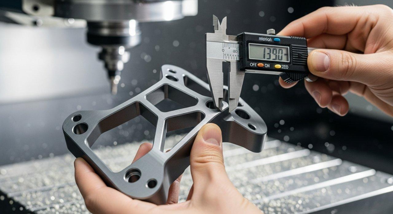 Bir mühendisin ellerinin yakın çekimi, CNC ile hassas şekilde işlenmiş drone gövde bileşenini, yüzey kalitesi ve detaylarını kontrol ederken, hassas ölçüm aleti kullanıyor. Bulanık arka planda aktif bir CNC makinesi, kalite kontrol ve hassas üretime odaklanmayı vurguluyor.