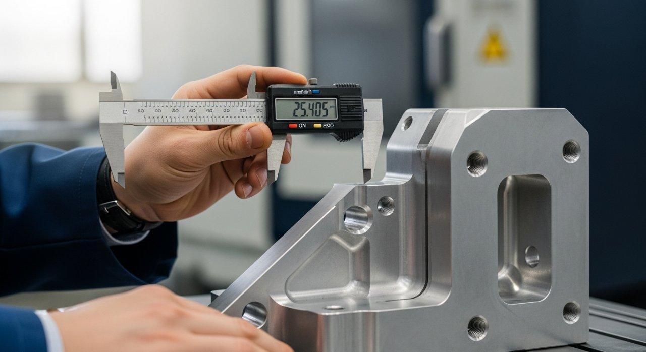 Gros plan des mains d'un ingénieur utilisant un pied à coulisse numérique de haute précision pour mesurer une dimension clé sur une pièce CNC sur mesure fraîchement usinée, mettant en valeur une finition de surface fine et un contrôle qualité précis.