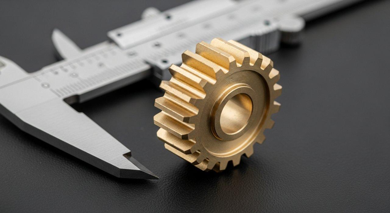 Close-up of an intricate, small CNC machined metal part, such as a precision gear or medical device component, showcasing a smooth, uniform surface finish and fine details. A micrometer or calipers nearby highlight its exceptional precision.