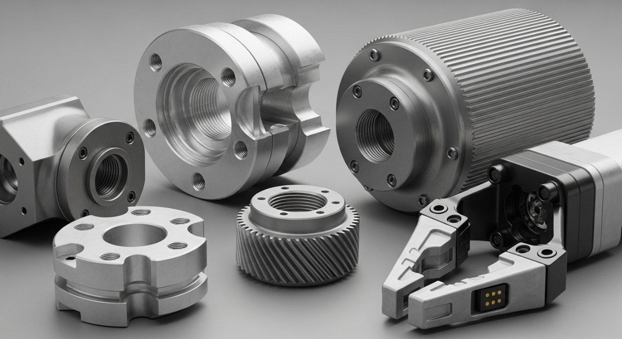 Close-up studio shot of a variety of highly intricate, custom CNC machined robot components, showcasing diverse shapes, small features, complex internal structures, and varied surface finishes. The parts demonstrate advanced manufacturing capabilities, with materials like aluminum, titanium, and engineering plastics visible.