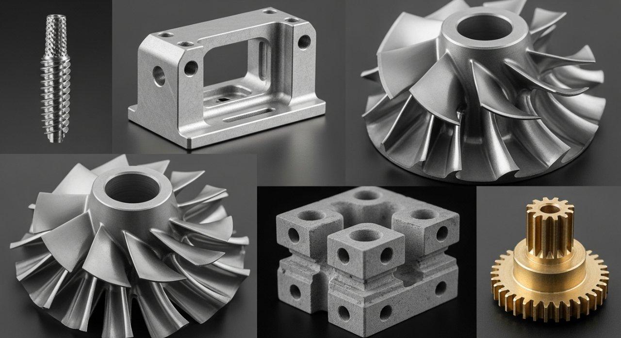 Collage verschiedener hochpräziser CNC-gefertigter Komponenten, die unterschiedliche hochwertige Materialien zeigen. Zu den vorgestellten Teilen gehören ein winziges, filigranes medizinisches