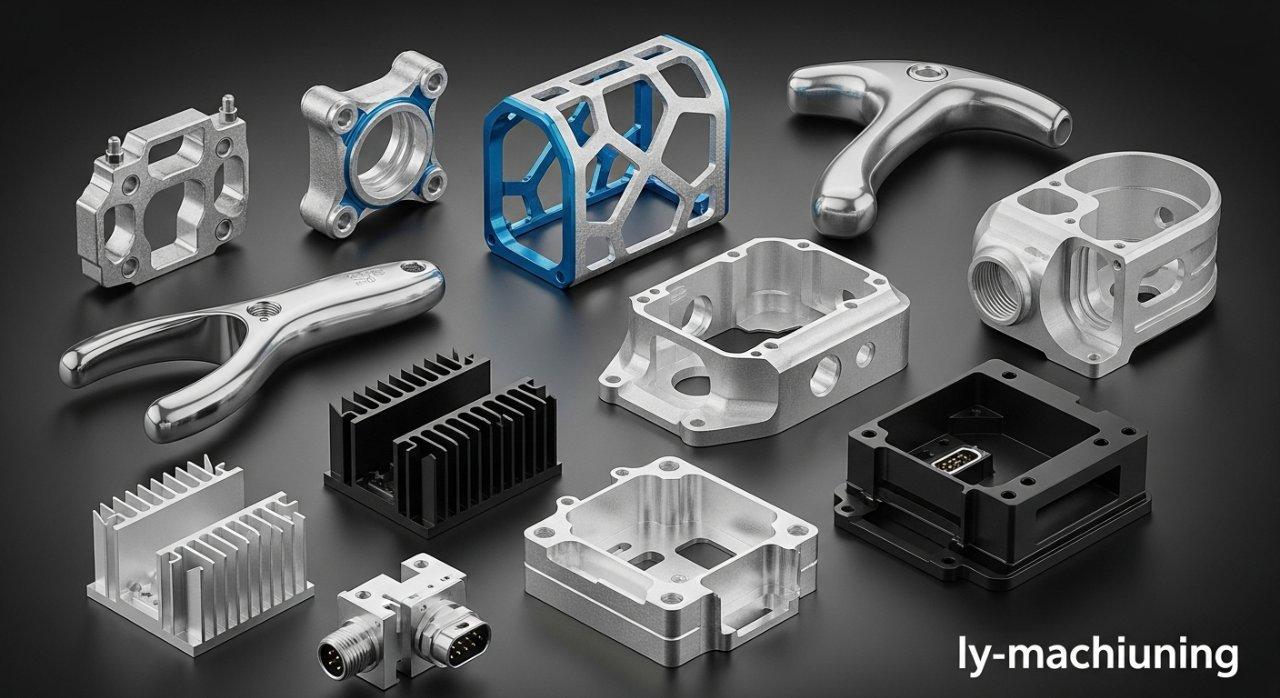 Sammlung von hochpräzisen, maßgeschneiderten Aluminium-Bearbeitungsteilen von ly-machining, die vielfältige Komplexitäten, saubere Kanten und verschiedene CNC-oberflächenstrukturen direkt von der Maschine präsentieren. Hervorhebung der gleichbleibenden Qualität mit minimal sichtbaren Sekundäroperationen, mit Komponenten für die Luft- und Raumfahrt, Medizin- und Elektronikindustrie.