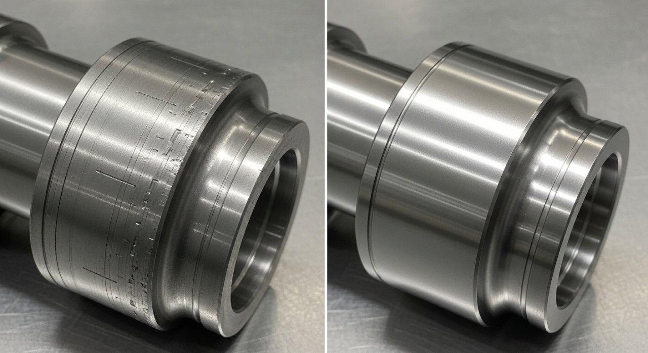 Image comparative de pièces métalliques identiques, montrant la transformation d'une finition brute usinée par CNC à une surface hautement raffinée. La partie gauche affiche une pièce avec des marques d'usinage visibles directement de la machine CNC, tandis que la partie droite montre la même pièce après post-traitement, présentant une finition nettement plus lisse, plus réfléchissante et polie.