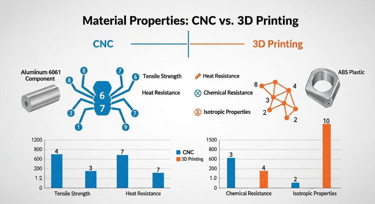 Comparative infographic detailing material properties for manufacturing processes: CNC machining (e.g., Aluminum 6061) versus 3D printing (e.g., ABS, PLA). Bar charts illustrate differences in Tensile Strength, Heat Resistance, Chemical Resistance, and Isotropic Properties, highlighting CNC materials' superior performance.