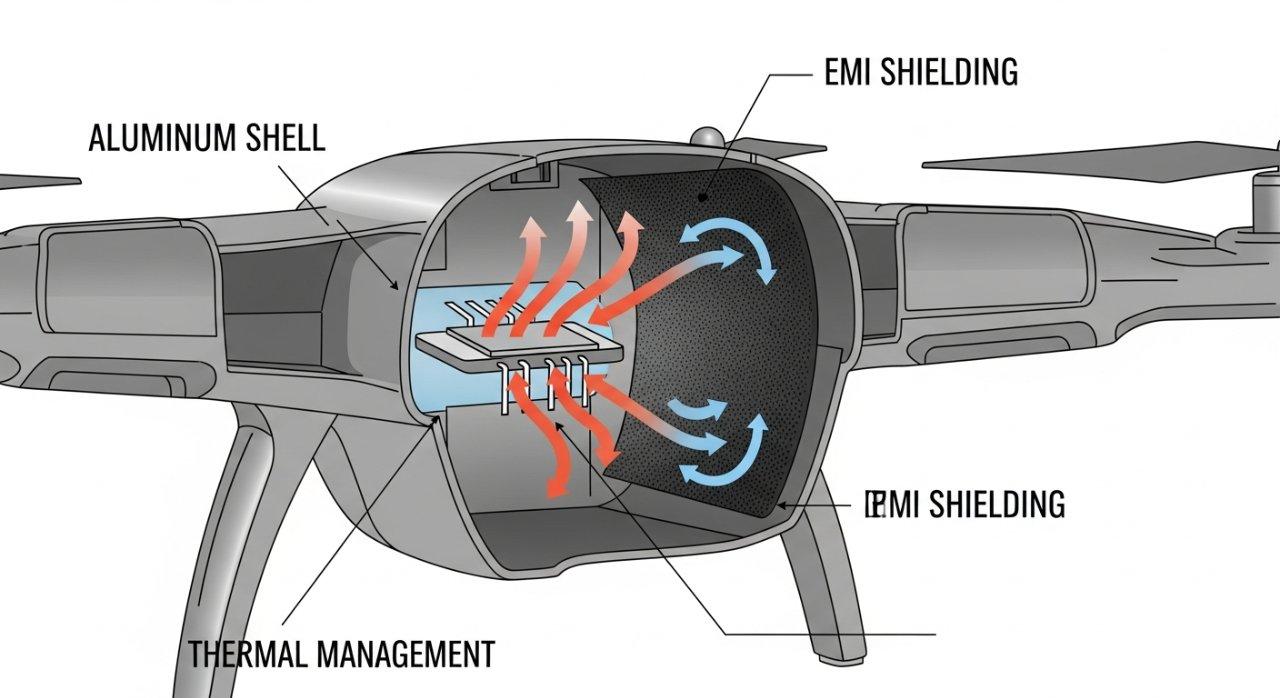 Bir drone'un iç yapısını gösteren kavramsal vektör grafik, özellikle termal yönetim ve EMI koruma çözümlerini vurguluyor. Oklar, iç elektroniklerden alüminyum gövde bölümü aracılığıyla ısı dağılım yollarını gösteriyor ve kompozit katman tarafından sağlanan sinyal korumasını anlatıyor. Etiketler açıkça 'Termal Yönetim' ve 'EMI Koruma' ifadelerini içeriyor.
