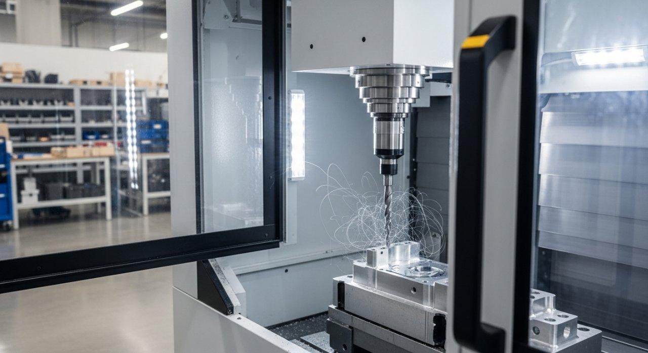 Photographie nette et détaillée d'une machine CNC moderne façonnant activement une pièce métallique avec un outil de coupe. L'enceinte de la machine est légèrement ouverte, dévoilant le processus de fabrication précis et complexe à l'intérieur d'un environnement d'usine propre et bien éclairé, transmettant des capacités d'ingénierie avancées.