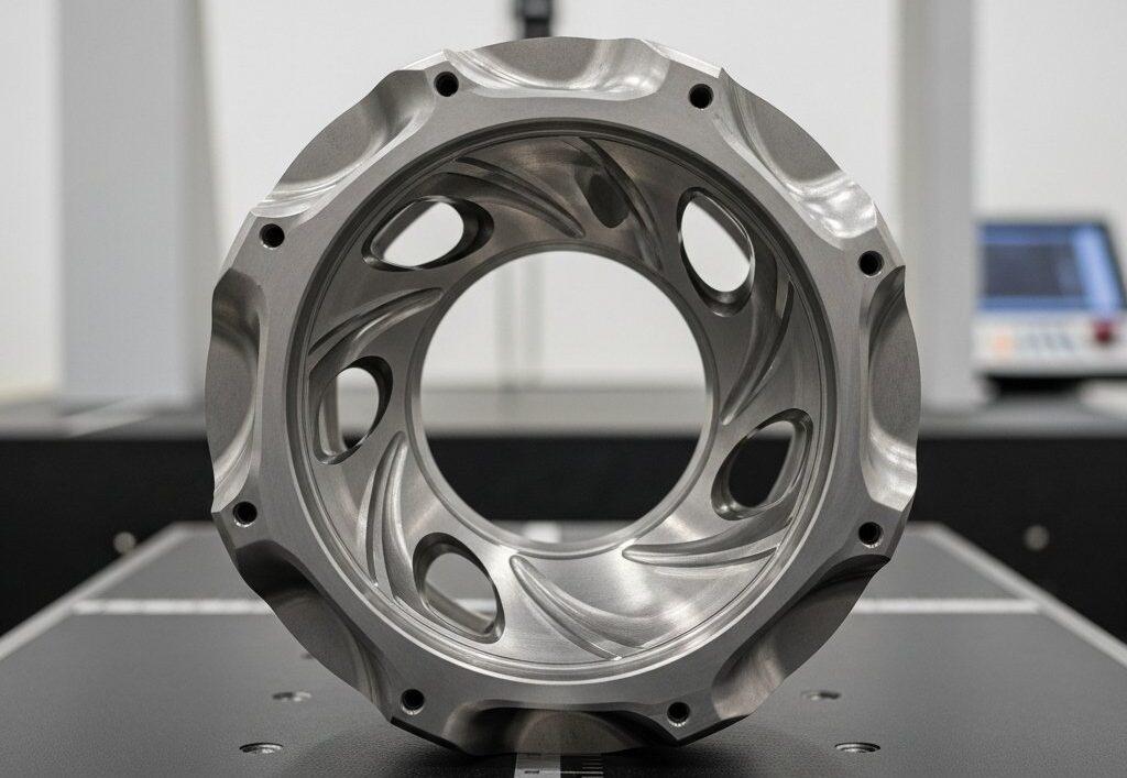 Détail en gros plan d'une pièce aéronautique en titane complexe, multi-facettes, usinée par CNC, mettant en valeur une finition de surface exceptionnelle et une géométrie interne sophistiquée. La pièce est positionnée précisément sur une table de mesure calibrée, avec une CMM et un équipement de métrologie avancé flous en arrière-plan, soulignant la fabrication et l'inspection de précision.