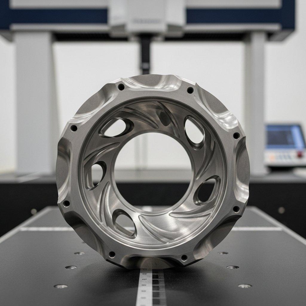 Détail en gros plan d'une pièce aéronautique en titane complexe, multi-facettes, usinée par CNC, mettant en valeur une finition de surface exceptionnelle et une géométrie interne sophistiquée. La pièce est positionnée précisément sur une table de mesure calibrée, avec une CMM et un équipement de métrologie avancé flous en arrière-plan, soulignant la fabrication et l'inspection de précision.