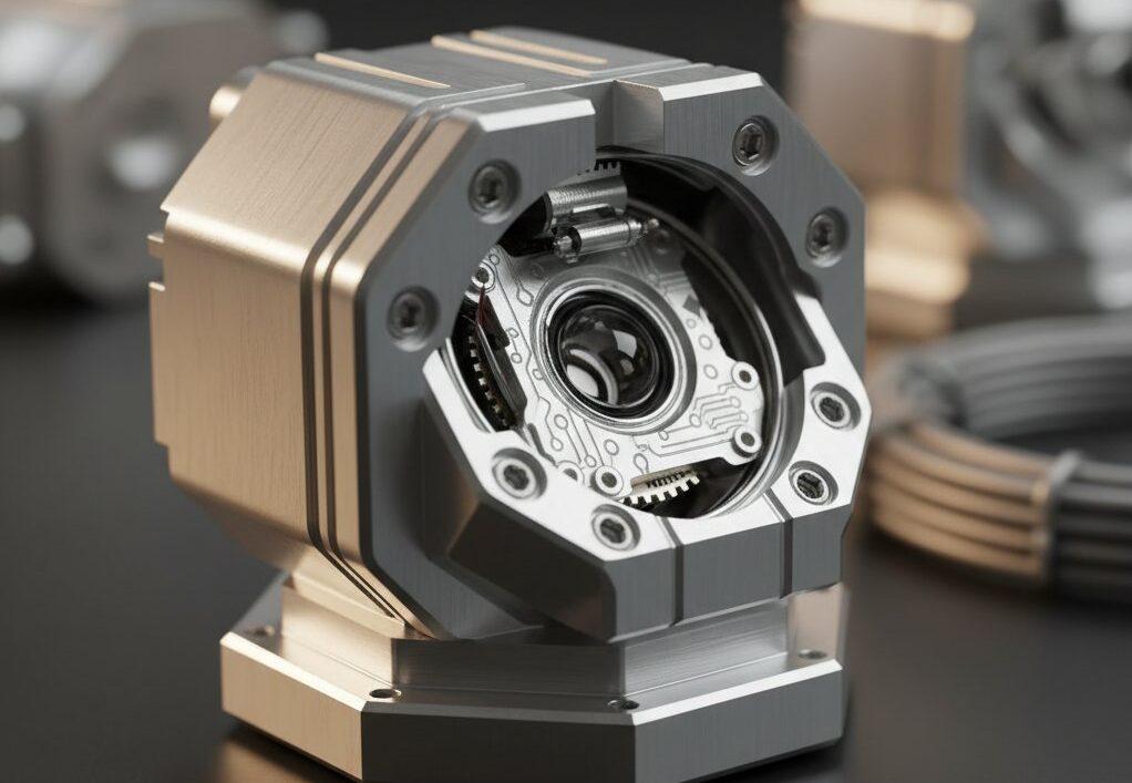 Detailed close-up of an intricate miniature robot sensor housing, precision-machined from aerospace-grade aluminum. The flawless, reflective surfa