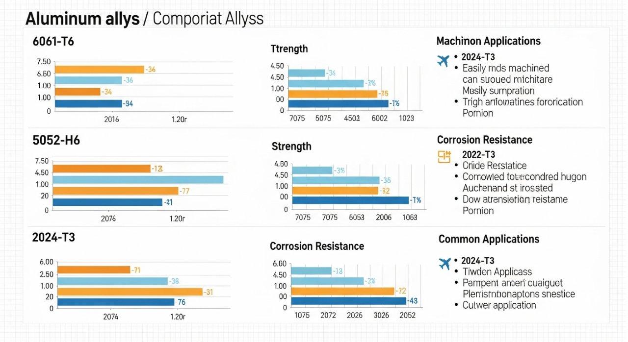 Detailed comparison chart of 6061 T6 7075 T6 5052 H32 and 2024 T3 aluminum alloys illustrating their machinability strength corrosion resist