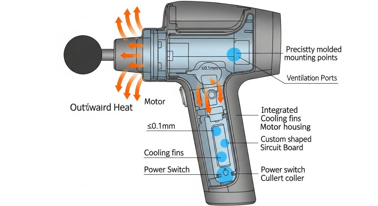 Bir masaj tabancası kasasının detaylı mühendislik kesit görünümü, dahili montaj noktalarını, termal yönetim için entegre soğutma kanatlarını ve hassas bileşen yuvalarını sergiliyor. Oklar, dışarı doğru ısı akışını göstererek, tasarım ve üretim için kritik tolerans bölgelerini vurgular.