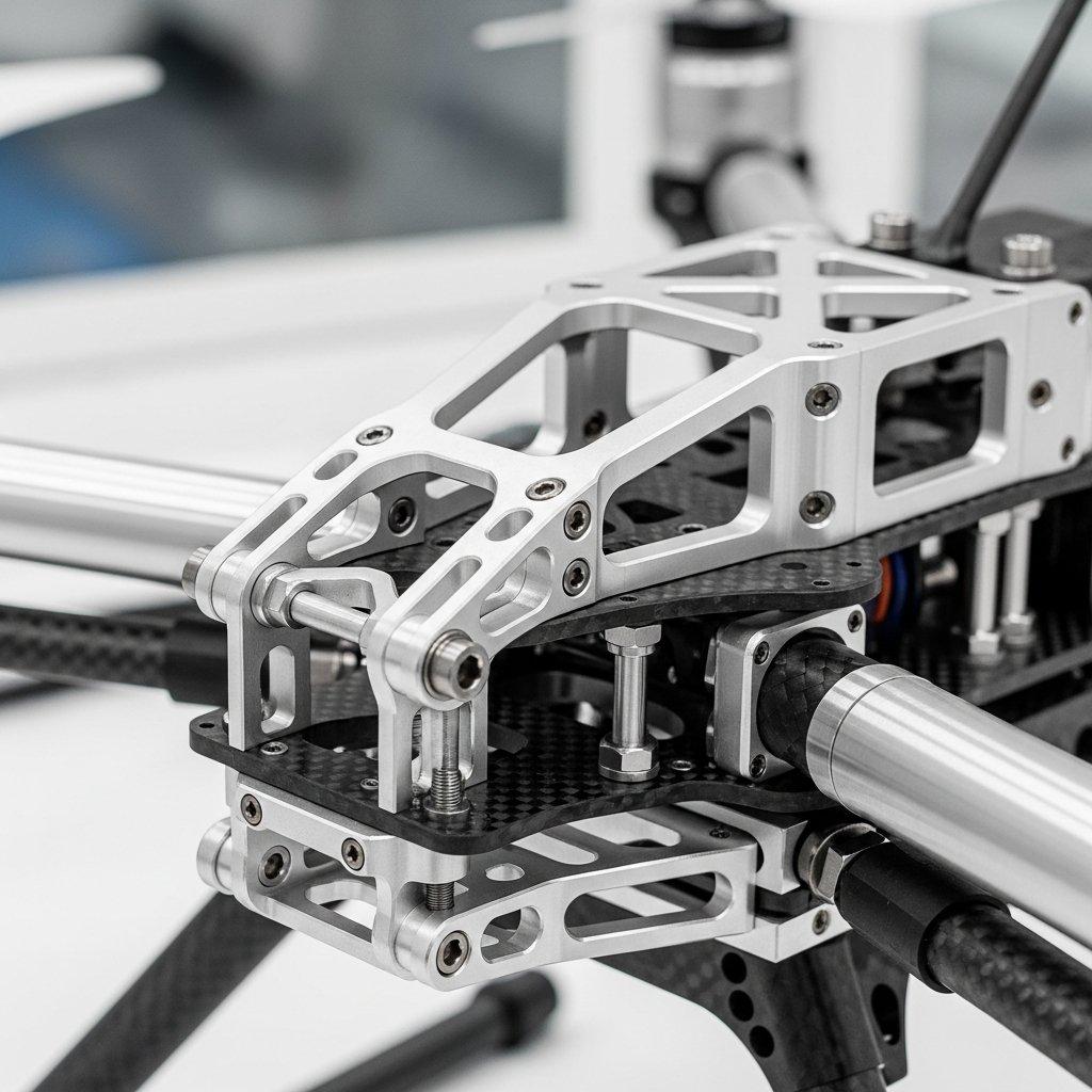 Detailed high angle shot of a sophisticated drone frame meticulously assembled from precision CNC machined metal components. The image highlights 1