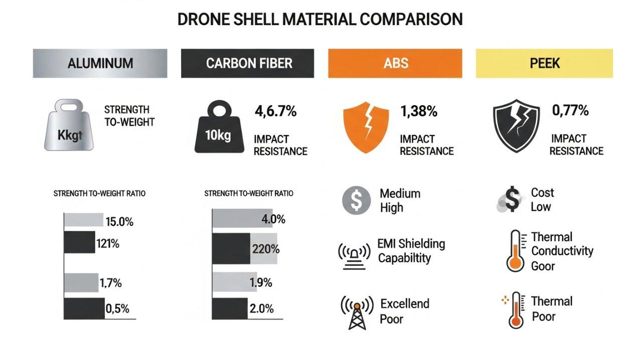 Drone gövdeleri için alüminyum, karbon fiber, ABS ve PEEK’in ana özelliklerini karşılaştıran detaylı infografik. Mukavemet-ağırlık oranını, darbe direncini görselleştirir