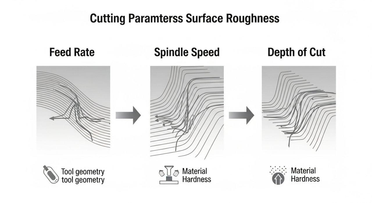 Infographie détaillée illustrant la relation entre les paramètres de coupe de l'usinage CNC et la rugosité de la surface. Elle explique visuellement comment les ajustements du taux d'avance, de la vitesse de rotation et de la profondeur de coupe impactent la texture microscopique de la surface, montrant des transitions de lignes plus rugueuses à plus lisses. De petites icônes représentent des facteurs contributifs supplémentaires comme la géométrie de l'outil et la dureté du matériau.