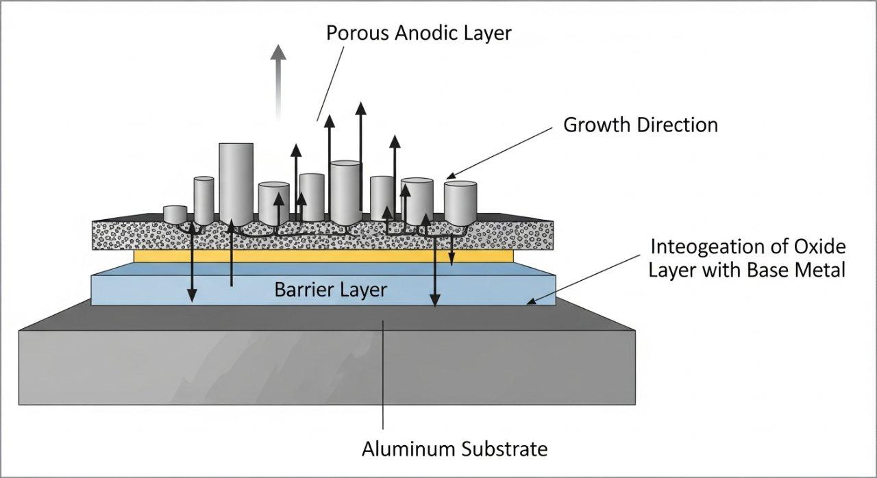 Detaillierte Vektorgrafik-Querschnitt eines eloxierten Aluminium-Profils, das deutlich die Aluminium-Basis, die Barriere-Schicht und die poröse anodische Schicht kennzeichnet. Pfeile zeigen die Wachstumsrichtung und unterstreichen die vollständige Integration der schützenden Oxidschicht mit dem Basismetall Aluminium.