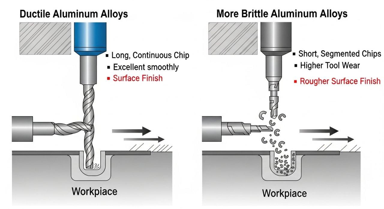 Detailliertes Vektorgrafik-Diagramm, das verschiedene Spanbildungstypen während der CNC-Bearbeitung von Aluminium zeigt. Das Diagramm unterscheidet deutlich zwischen langen, kontinuierlichen Spänen, die aus duktilen Legierungen entstehen, und kurzen, segmentierten Spänen, die typisch für sprödere Materialien sind. Beschriftungen erklären jeden Span-Typ und heben deren jeweilige Auswirkungen auf die Bearbeitungseffizienz, den Werkzeugverschleiß und die endgültige Oberflächenqualität hervor.